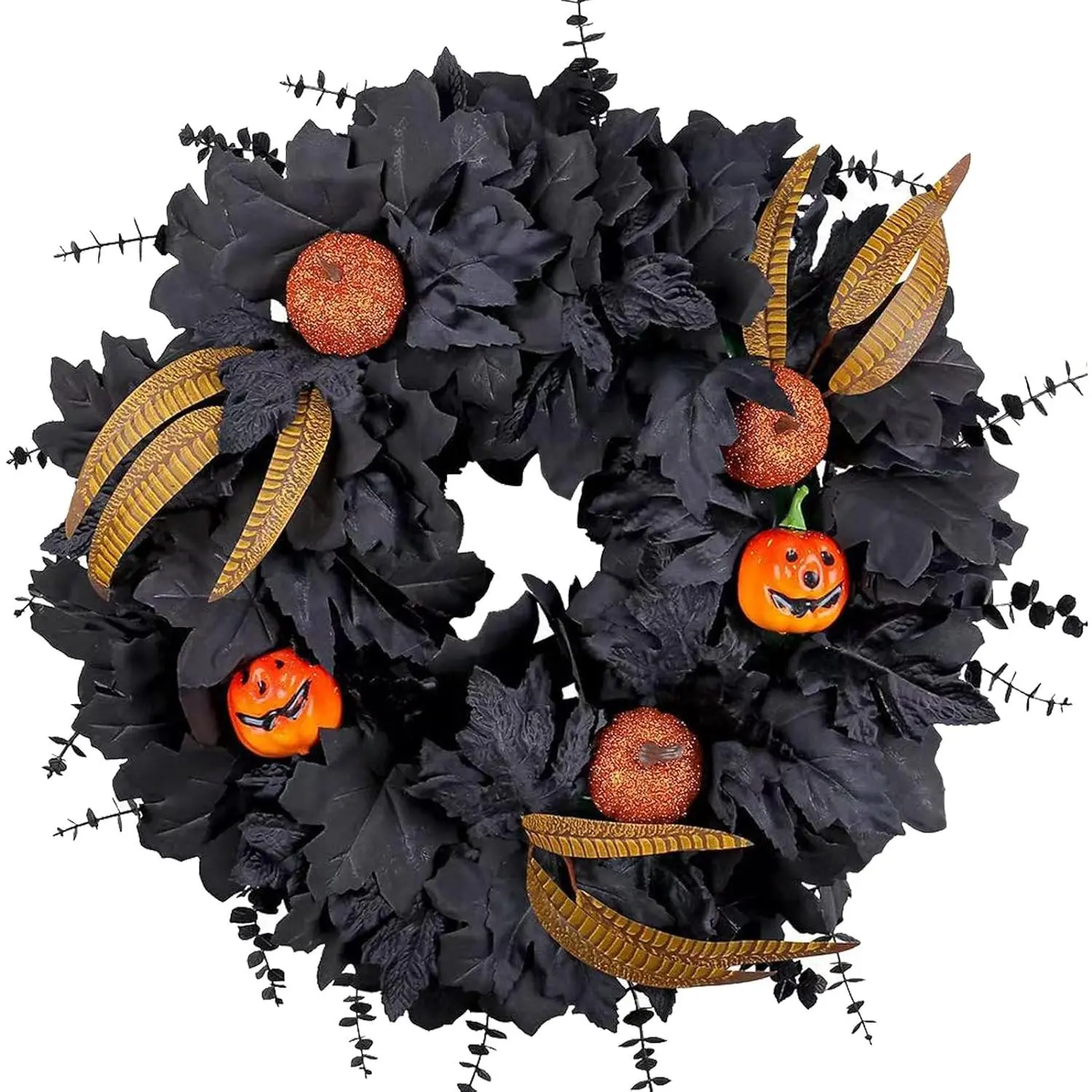 Halloween outdoor wreath, Halloween front door wreath, black maple leaf and feather wreath, 50 cm, suitable for Halloween party, porch, indoor and outdoor home decoration. Ornaments