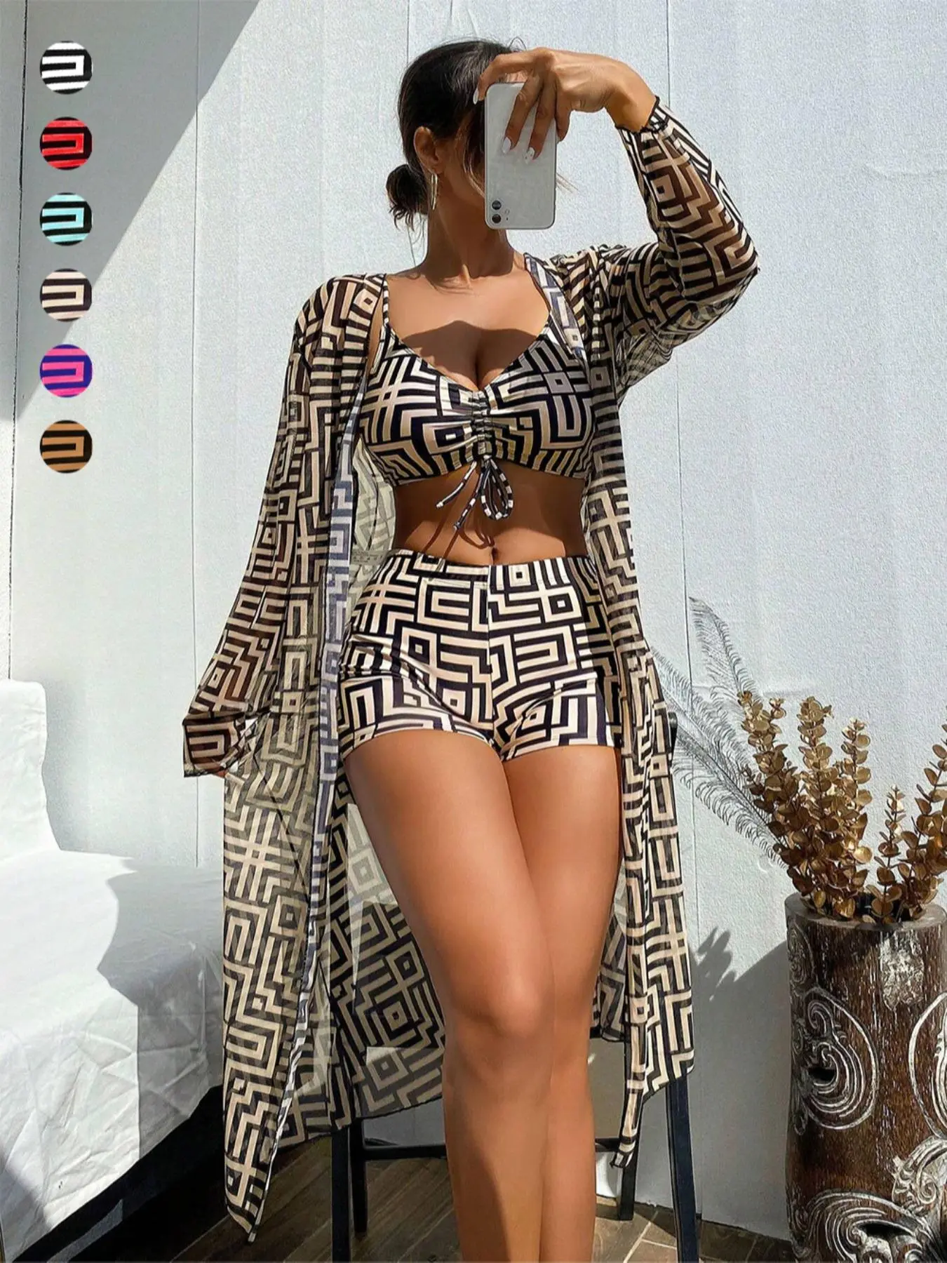 Women's Three-piece Geometric Print Bikini Set, Bikini Swimwear Set, Adjustable Spaghetti Strap Drawstring Swim Top & Shorts & Long Sleeve Cover Up, Swimsuit, Beachwear, Bikini Swimsuit Outfit, Fashion Beachwear Swimwear, Swimwear Beach Outfits