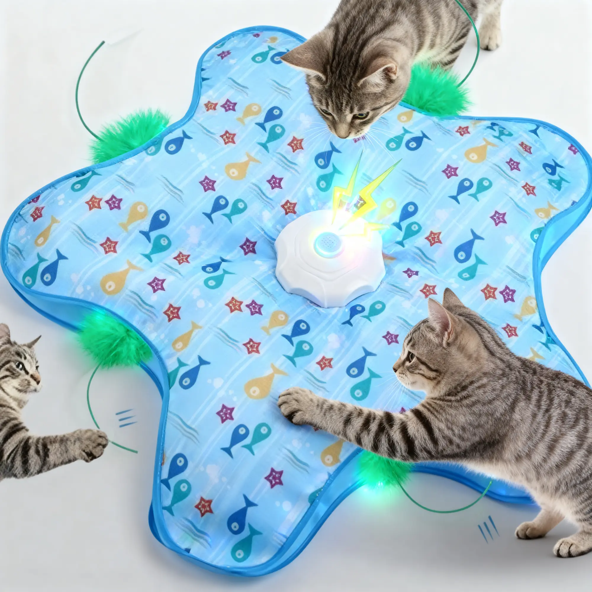 Rechargeable Automatic Cat Toy, 3-Mode Touch-Activated Interactive Toy with Random Motion, Concealed Feather & Squeaky Sound for Indoor Cats & Kittens (Blue)