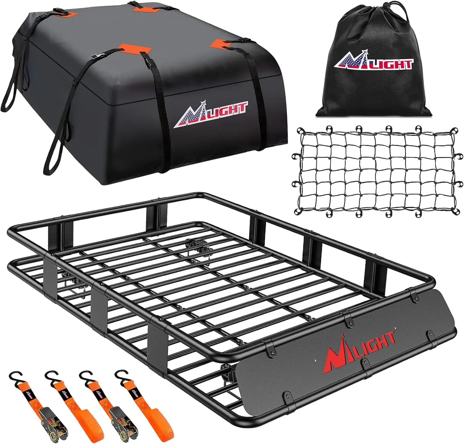 Nilight Universal Heavy-Duty Roof Rack Basket (64"x39"x6", 250LBS Capacity) - U-Bolt Free Steel Rails Help Keep Gear in Place, Rubber-Clad Metal Strip Reduces Wear, Powder Coat Fights Rust, 8 Buckle Straps Hold Tight for SUV, Van Pickup Truck Accessories