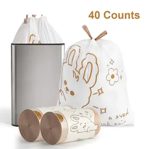 4 Gallon Small Trash bags Drawstring ，small Bathroom Garbage Bags， 20 pcs / 40 pcs Trash-Can-Liners for Bathroom Kitchen Office，White rabbit print style 4-gallon small trash can Liners
