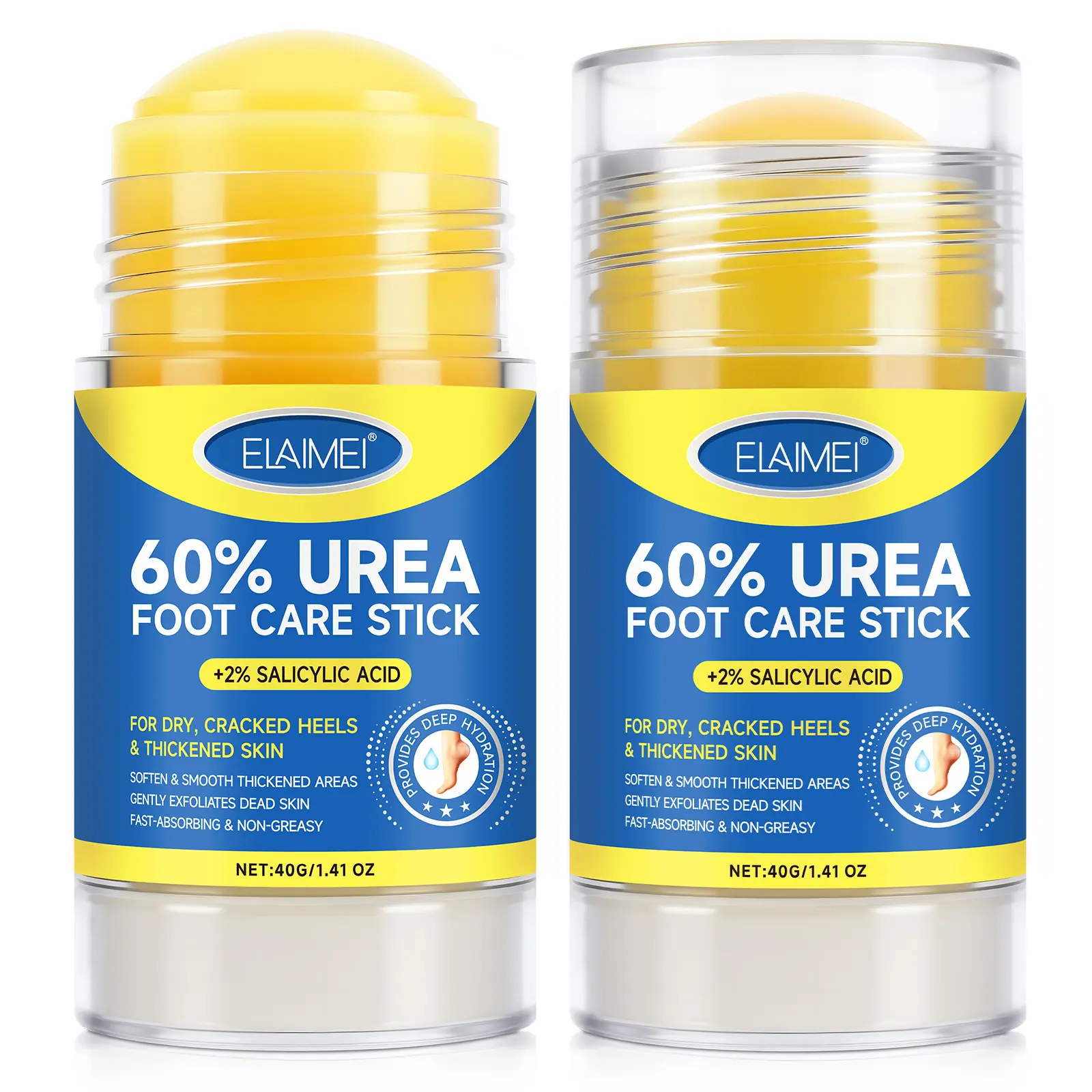 Two-Pack Elaimei Urea Foot Care Stick 40g, Foot Care, Moisturizing Heel Balm, Foot Moisturizer, Deep Hydration, Gentle Exfoliation, Dead Skin Removal For Feet, Foot Urea Cream, 60% Urea & 2% Salicylic Acid, Foot Care Product