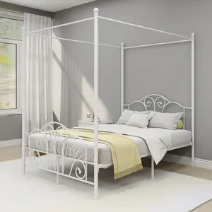 Metal Canopy Bed Frame, Vintage Elegant Four-Poster Platform Bed Frame, Mattress Foundation, Under-Bed Storage Space, No Box Spring Needed
