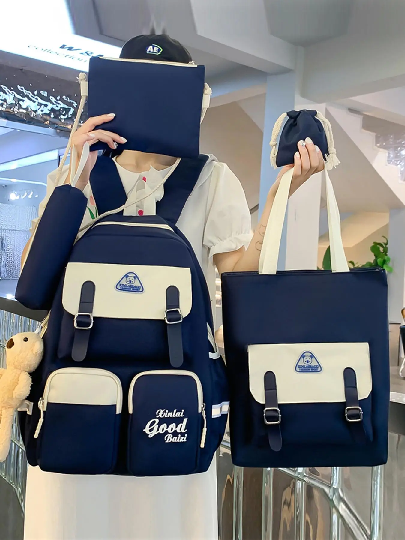 Fall New Preppy Colorblock Letter Print Buckle Backpack, Pocket Shoulder Bag, Square Bag, Clutch, Drawstring Purse, with Charms, Summer School Bag Set