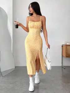 Women's Floral/ Leopard Print Cami Dress, Elegant Bohemian Fashion Casual Split Long Dress for Daily Outdoor Wear, Women Dress for Summer