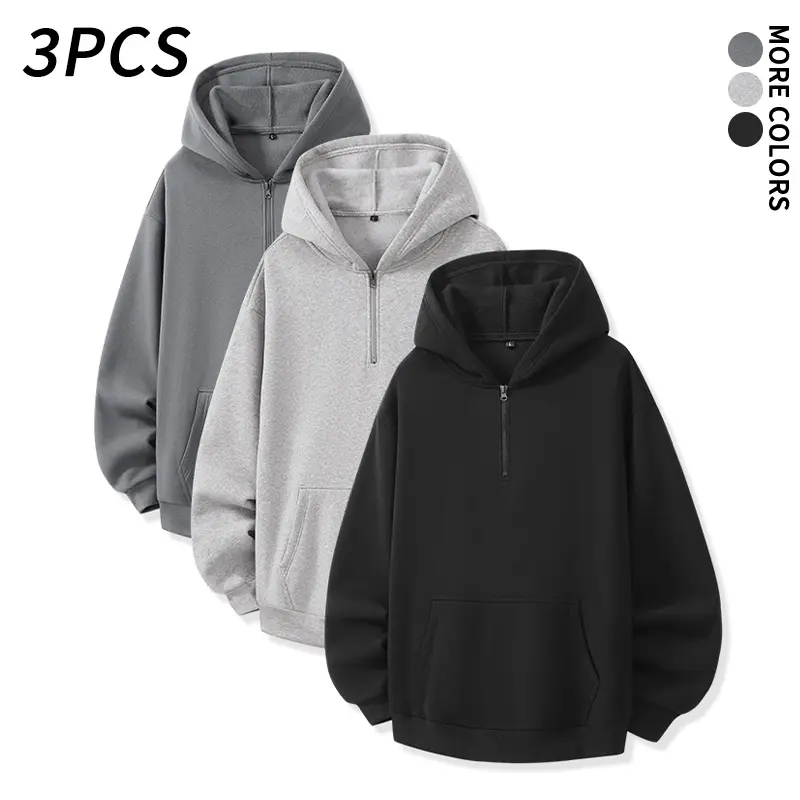 3 pcs unisex solid color loose hooded pullover sweatshirts in multiple colors, minimalist half zip hoodies, versatile casual tops suitable for shopping, holiday leisure, and simple everyday wear.