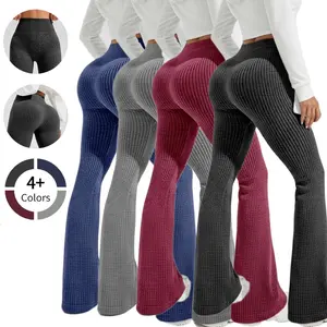 Women's High-Waisted Seamless Tummy Control Yoga Leggings Full-Length Bell-Bottom Workout Pants with White Waistband All-Season Gym Running Pilates Wear Opaque Non-Sheer Tights