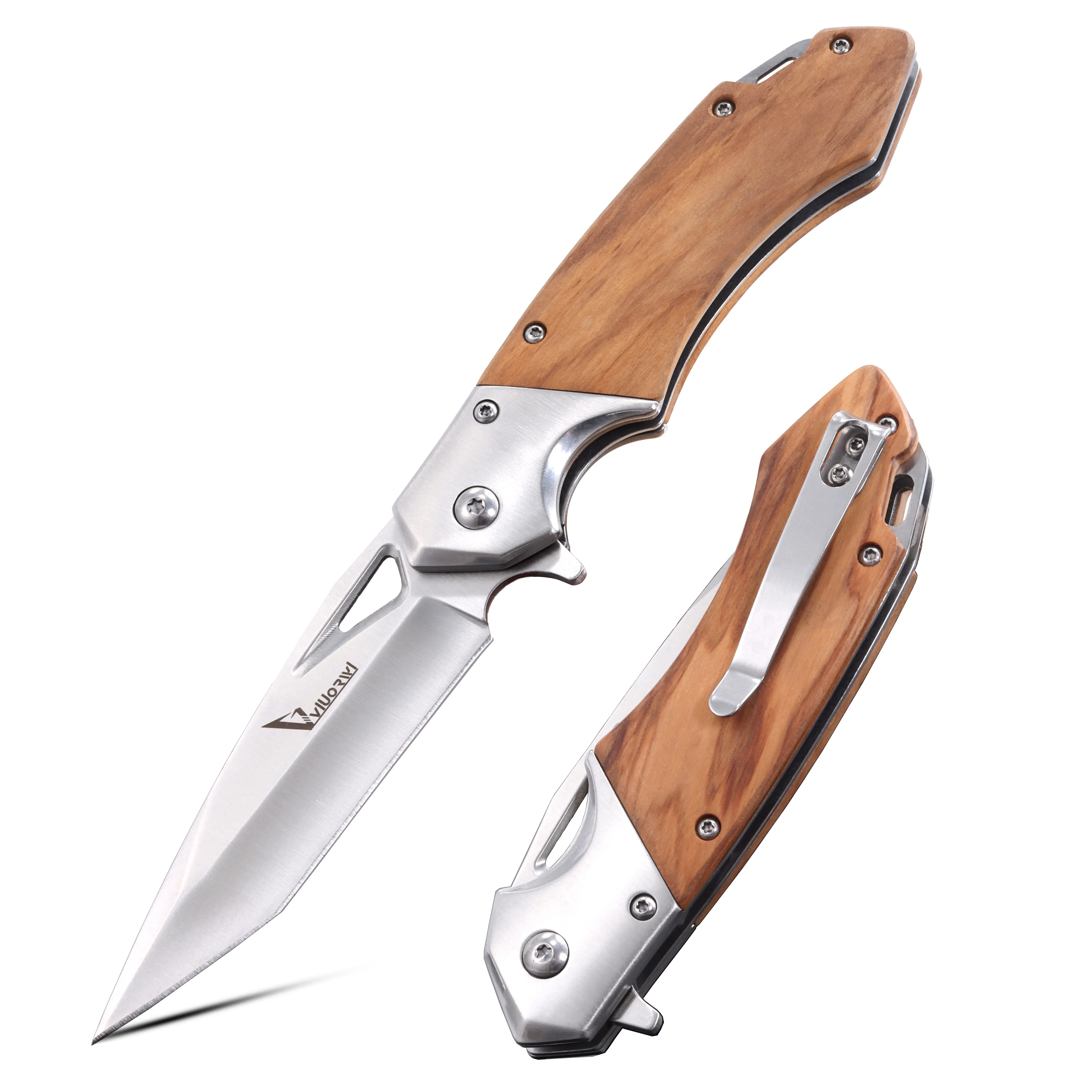 VIUORWI Valor Tactical Pocket Knife, D2 Steel Flipper with Olive Wood Handle, EDC Gear with Ceramic Bearing, Liner Lock & Deep Carry Pocket Clip, Tactical Knives, Well Designed Blades, Fighting, Outdoor Gadgets, Adults, Survival Tools, Carving, Whittling