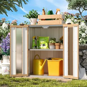 Small Waterproof Outdoor Storage Cabinet - Wood Grain Deck Box with Shelves, Vertical Garden Shed for Patio (Weatherproof)