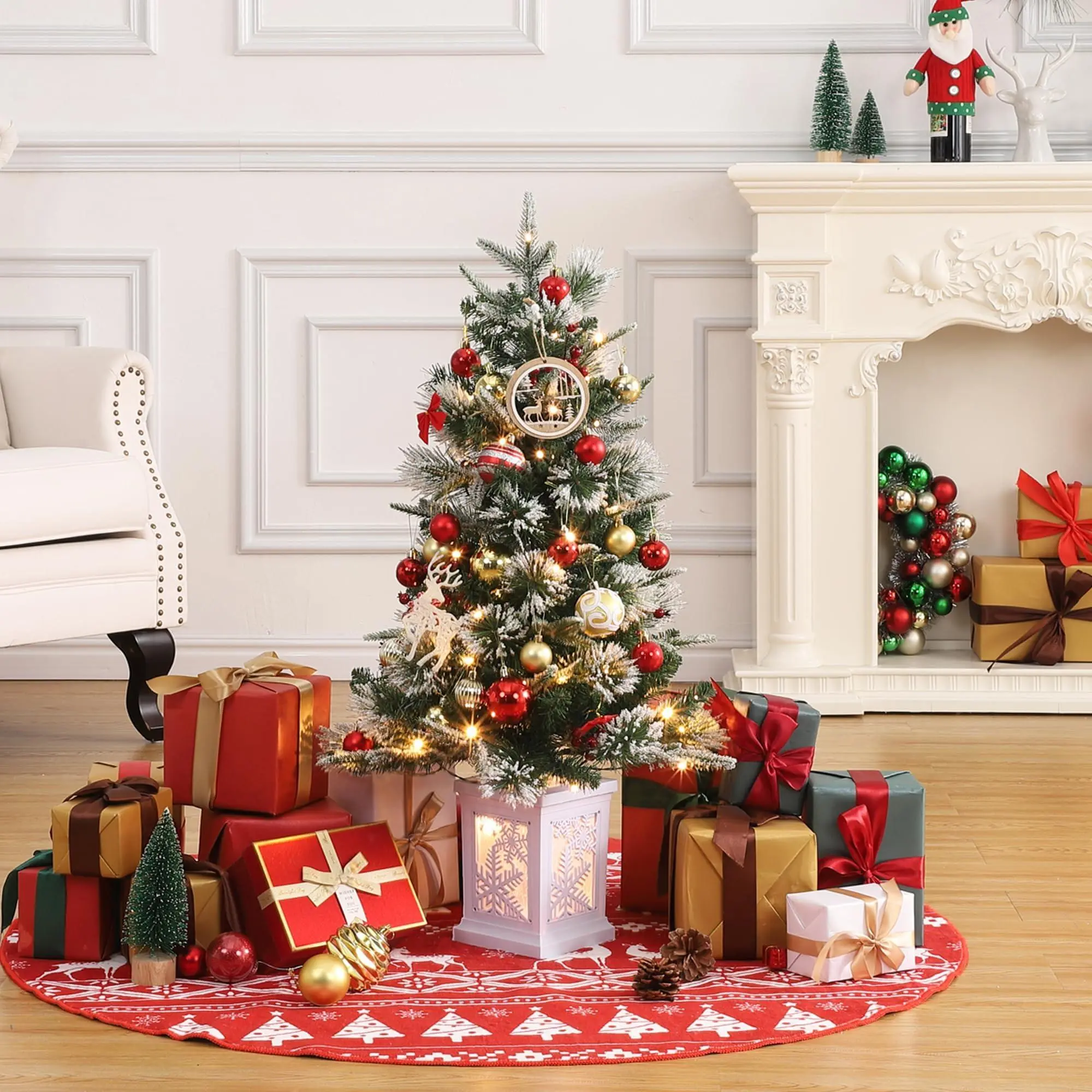 3 Ft Christmas Tree with Snowflake Base, Artificial Holiday Christmas Tree with 78 Led Lights, Red Berry Decorations, Holiday Ready