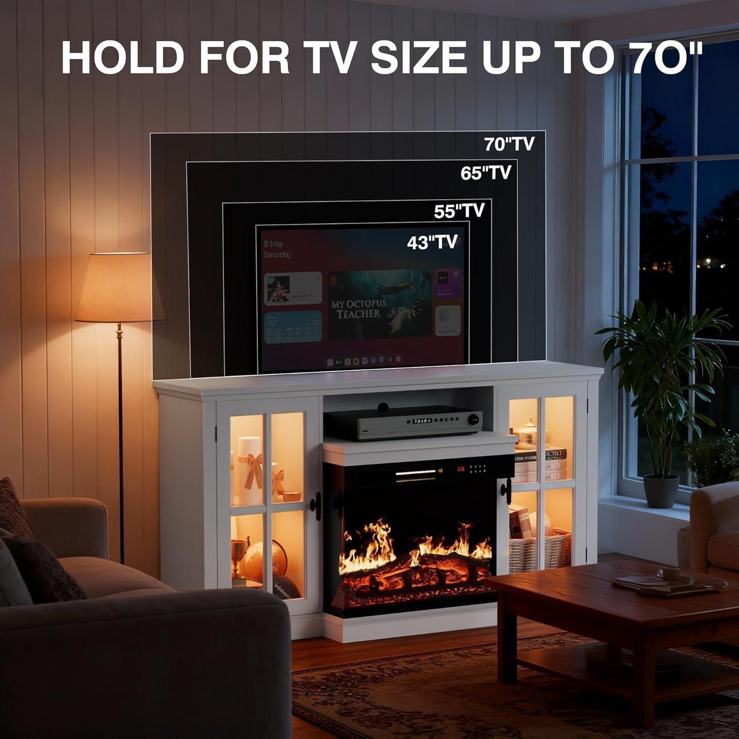 FURMAX Glass Fireplace TV Stand for Televisions up to 65", Media Entertainment Center Console Table with Led Lights