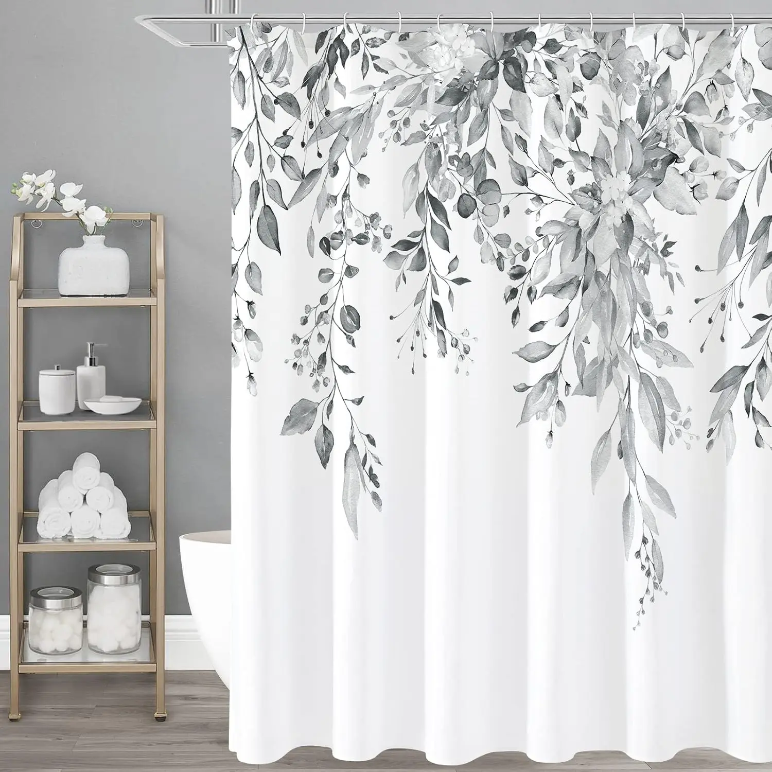 Grey eucalyptus pattern shower curtain, watercolor plant leaf and floral bathroom shower curtain set, off-white
