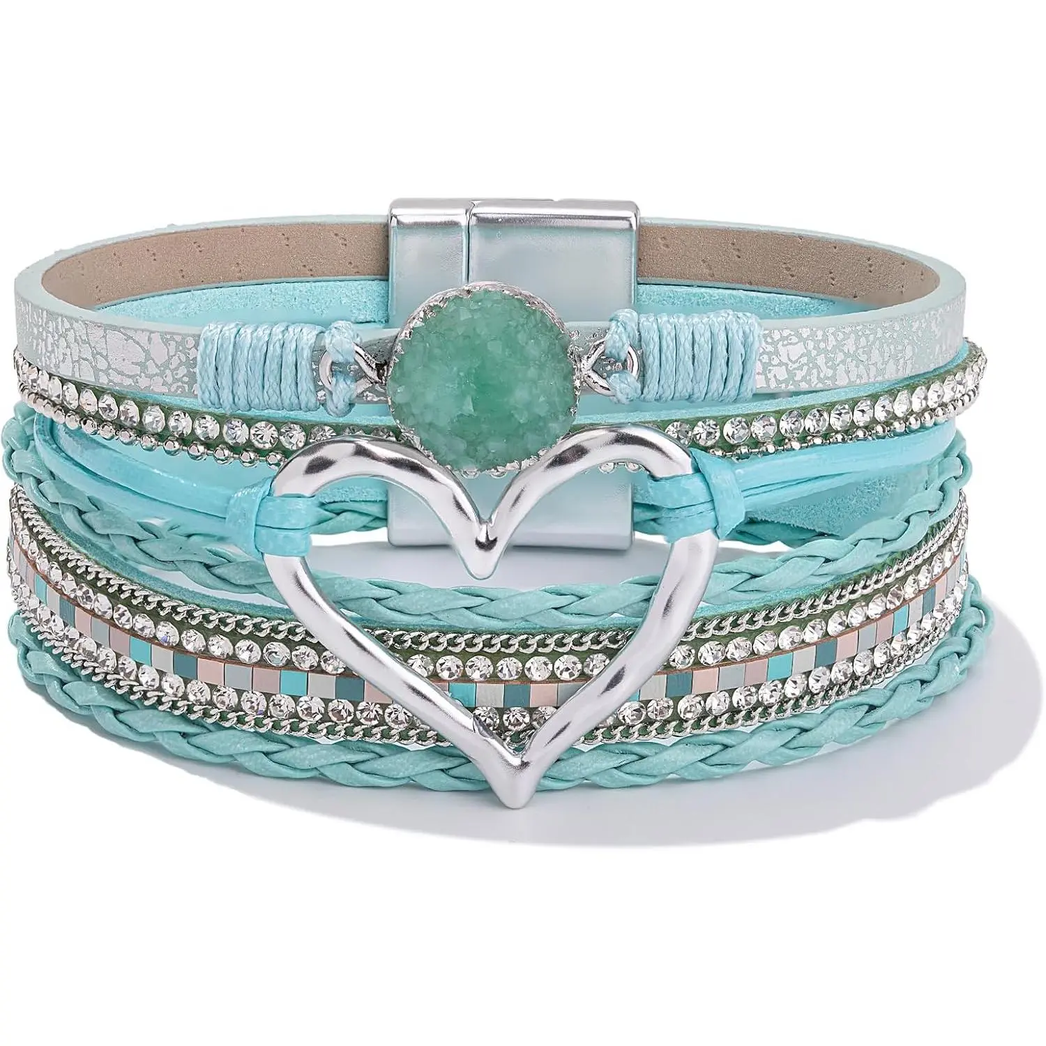 Female 7.5in Heart Leather Wrap Cuff Bracelet - Stackable Boho Bangle with 1.1in Teal Druzy Quartz, Cubic Zirconia, Easy-to-Put-and-Take-Off Clasp, for Bracelet Stacking, Anniversary Gifting