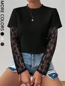 Women's See-Through Lace Sleeve Solid Color Round Neck Long Sleeve Fitted T-Shirt Spring Fall Cloth For Women