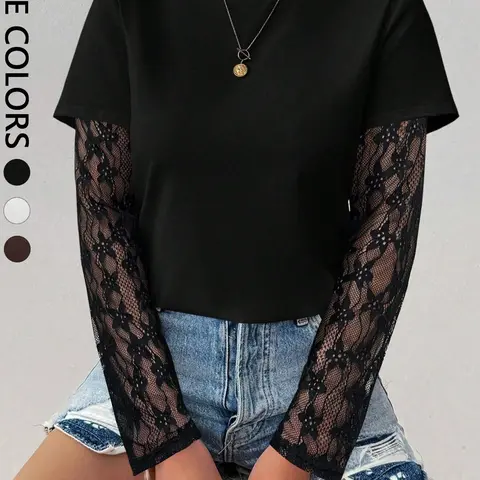 Women's See-Through Lace Sleeve Top, Solid Color Round Neck Fitted Basic Casual Embroidery Long Sleeve T-Shirt, Spring and Fall Casual Chic Tee for Women