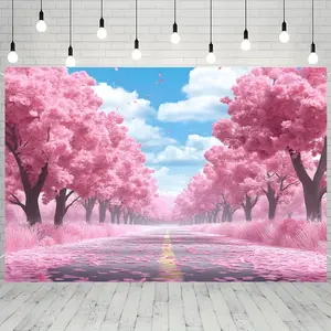 2D Flat, 2D Flat - 2D Flat, 2D Flat - Single Piece Pink Cherry Blossoms Backdrop Banner for 2D Flat Printing, Ideal for Photography Wall Decoration at Parties, Photo Booths