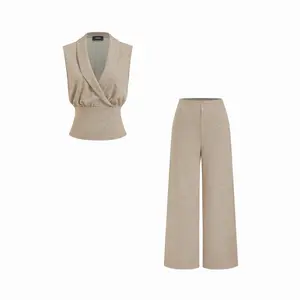 Cider V-Neck Cross WrapTop & High Rise Straight Leg Trousers Set