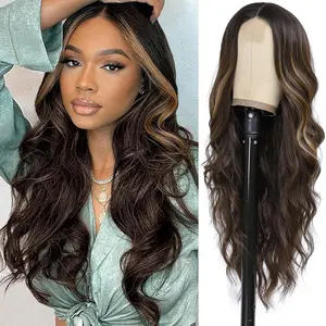 Long Dark Brown Wigs 26 Inch Ombre Brown Mixed Blonde Highlight Wig for Women Long Curly Wavy Synthetic Heat Resistant Wigs for Daily Party Use