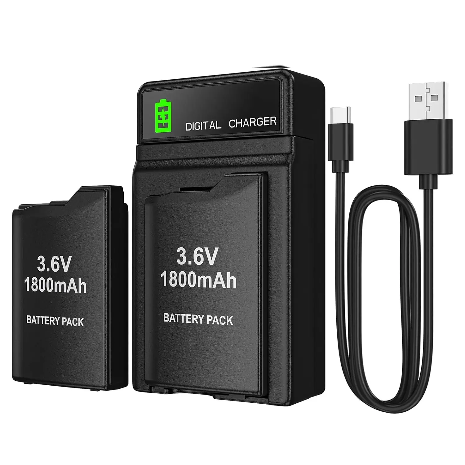 PSP Battery and Charger, 2Pcs 1800mAh 3.6v Lithium Polymer Replacement Rechargeable Batteries with LED Fast Charging Station for PSP 1000 1001, PSP-110, PSP Fat Console