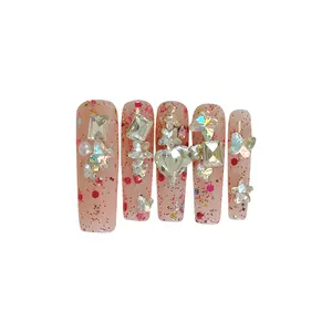 Handmade  Pink diamonds Ice Transparent Whitening  Detachable False Nails  Nail Art Nail Art Kit Cutics Nail Polish