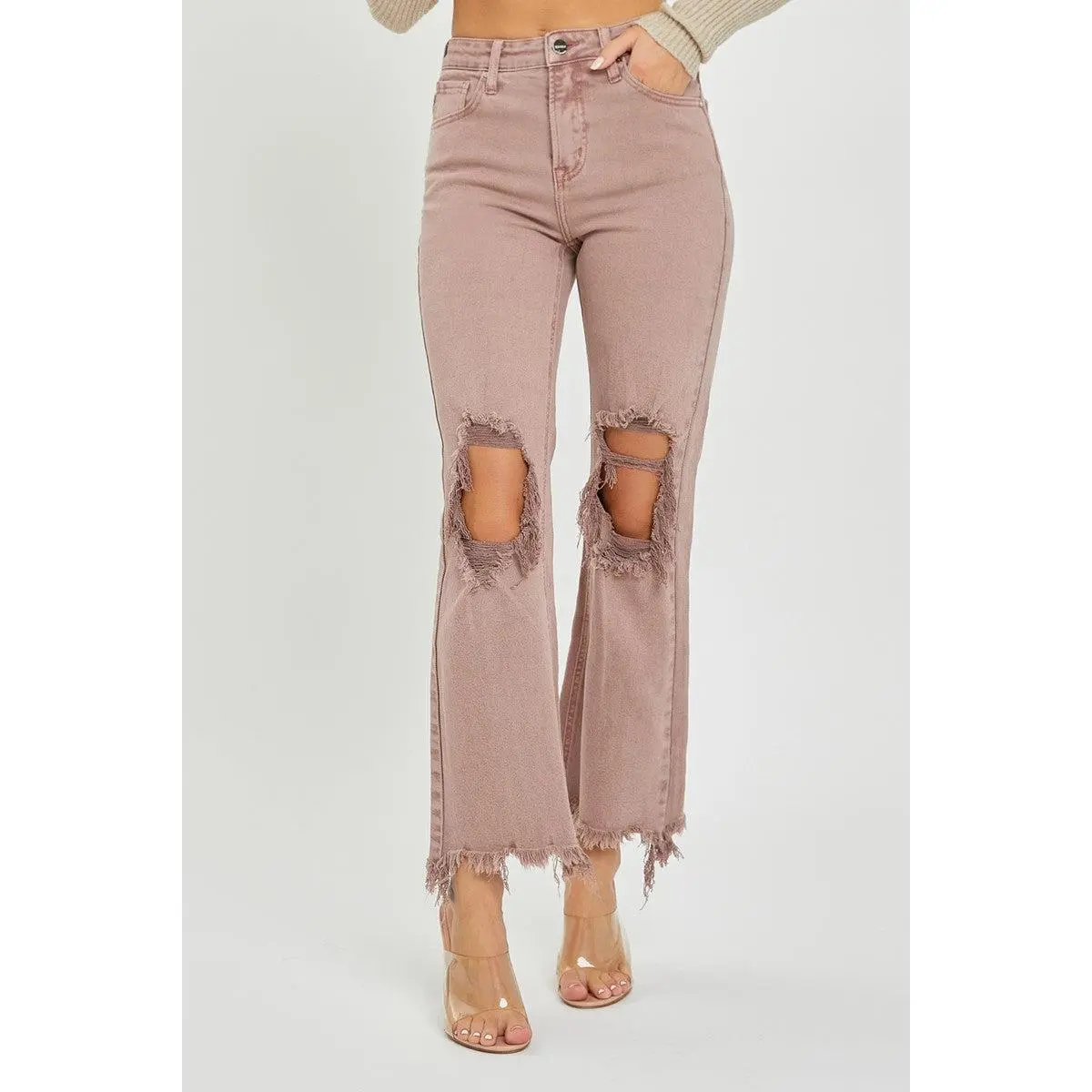 RISEN High Rise Knee Distressed Straight Pants in Mauve