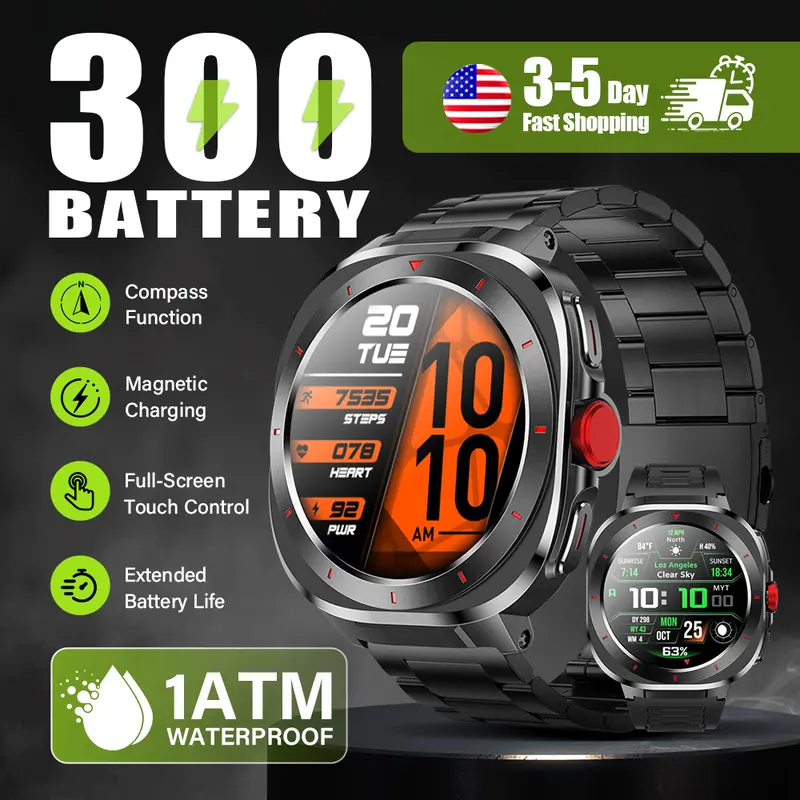 HDM Adventure Smart Wristwatch Device - 1.39” Ultra-Vivid HD Round Screen, 1ATM Waterproof Sport Watch, Compass, Bluetooth Calling, Speaker, Steel Build, Fast Charging, Hiking & Daily Wear, Silicone Band, Compatible with iOS & Android