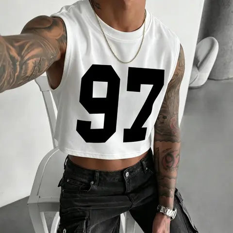 Y2K Style Retro Number 97 Print Sleeveless Vest, Fashion Vest, Loose Vest, Short Tank Top, Comfortable Daily Wear, Perfect for Casual, Sleeveless Sporty Design, Sleeveless Sport Tank, Sporty Vest, Sleeveless Sports Vests