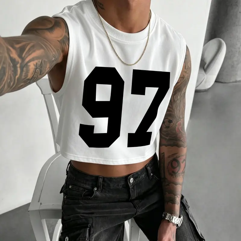 Y2K Style Retro Number 97 Print Sleeveless Vest, Fashion Vest, Loose Vest, Short Tank Top, Comfortable Daily Wear, Perfect for Casual, Sleeveless Sporty Design, Sleeveless Sport Tank, Sporty Vest, Sleeveless Sports Vests
