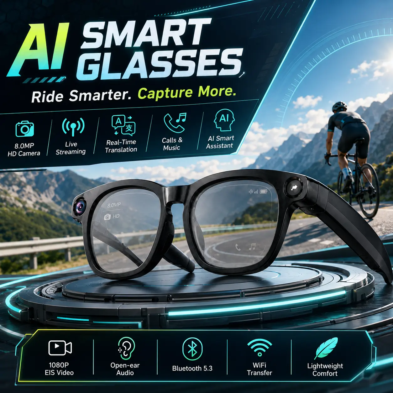 AI Smart Glasses with 8MP Camera, HD Video Recording with Audio, Wireless Call, Music, Touch Control, Real-Time Translation, Object Recognition, Multifunctional Camera Glasses for Men & Women, Smart Glasses for Travel & Outdoor