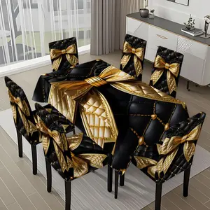 5/7-piece 2D Flat Printing Black and Gold Quilted Bow Printing Pattern Tablecloth and Chair Cover Set, for dining table and chair decoration, perfect for home, holiday gatherings, restaurants, and parties.