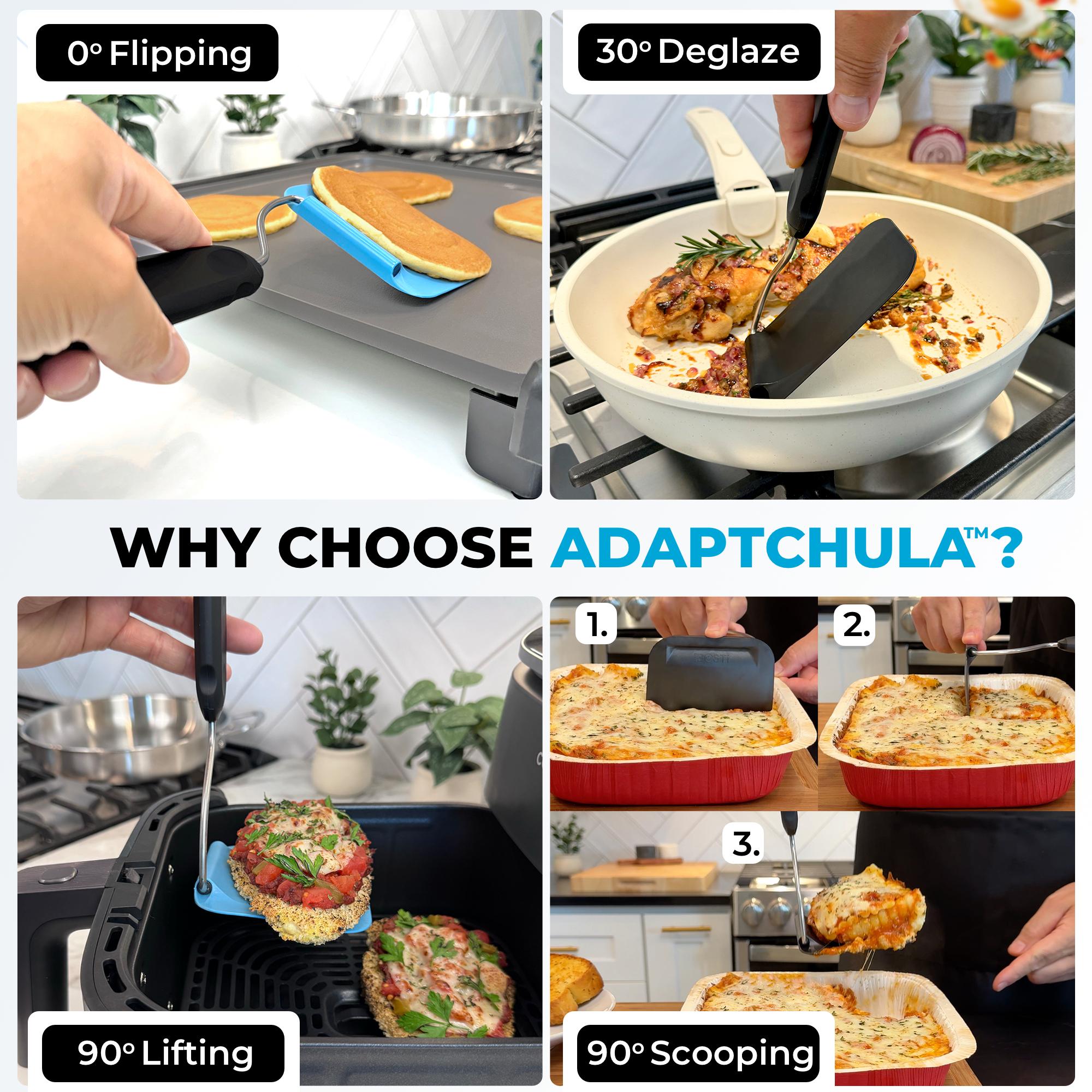 Adaptchula™ - Spatula with adjustable angles, a must have kitchen gadget! Kitchen accessories should serve a purpose! Perfect for Air Fryers, griddles and everything in-between! Includes 2 Spatula heads made from PPSU - BPA/BPS and PFAS free. Non-Toxic Adaptchula™ - Spatula with adjustable angles, a must have kitchen gadget! Kitchen accessories should serve a purpose! Perfect for Air Fryers, griddles and everything in-between! Includes 2 Spatula heads made from PPSU - BPA/BPS and PFAS free. Non-Toxic