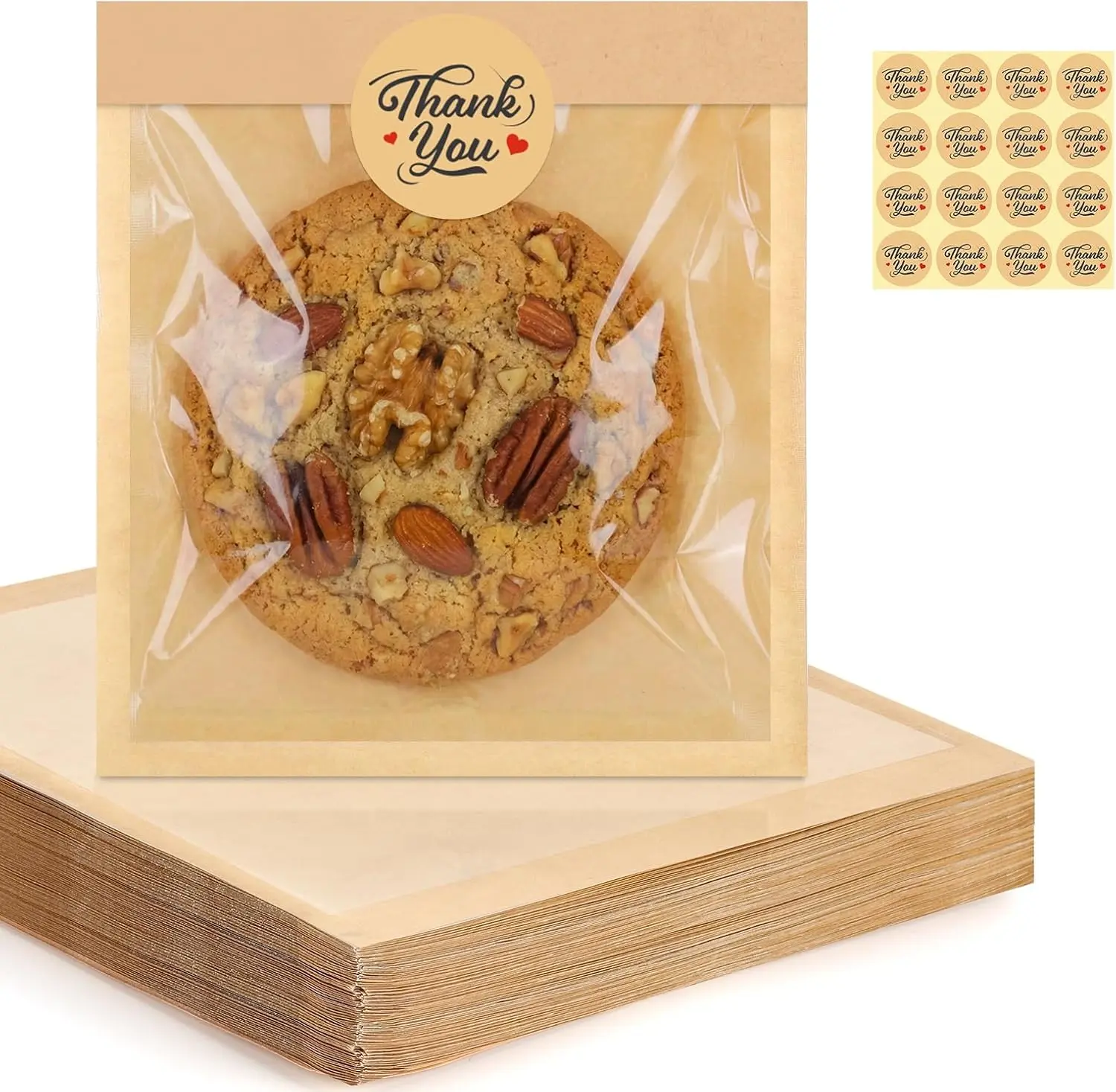120 Pack Airtight Bakeware Cookie Bags with Seal, 5.7x6.5in Transparent Window Self-Sealing Kraft Bakery Bags, Grease-Resistant Heat-Sealable To Go Sleeves for Donuts, Scones
