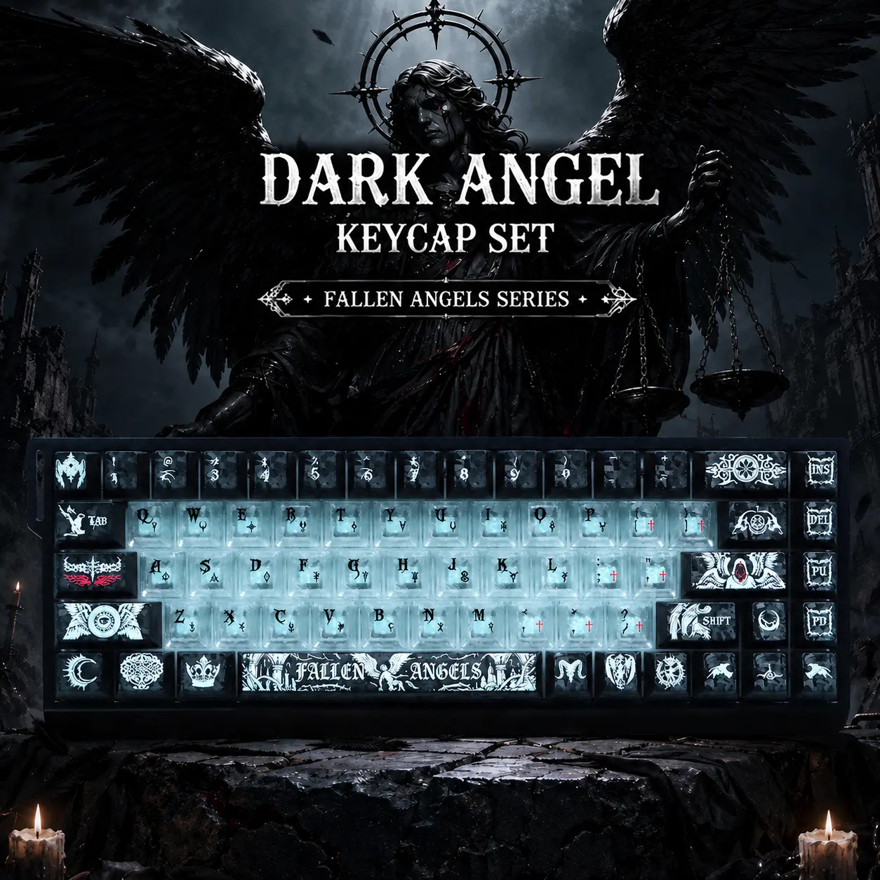 Dark Angel Fiber Texture Keycap Set, Fallen Angels Series, PC Translucent, Black and White Two-tone, Mechanical Keyboard Keycaps, Keycaps Only, Keyboard Accessory