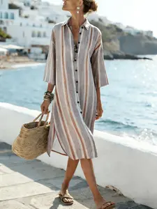 Women's Striped Shirt Dress, Casual Loose-Fitting Long Sleeve Top, Elegant, Stylish & Modest Design, Perfect for Daily Wear, Beach
