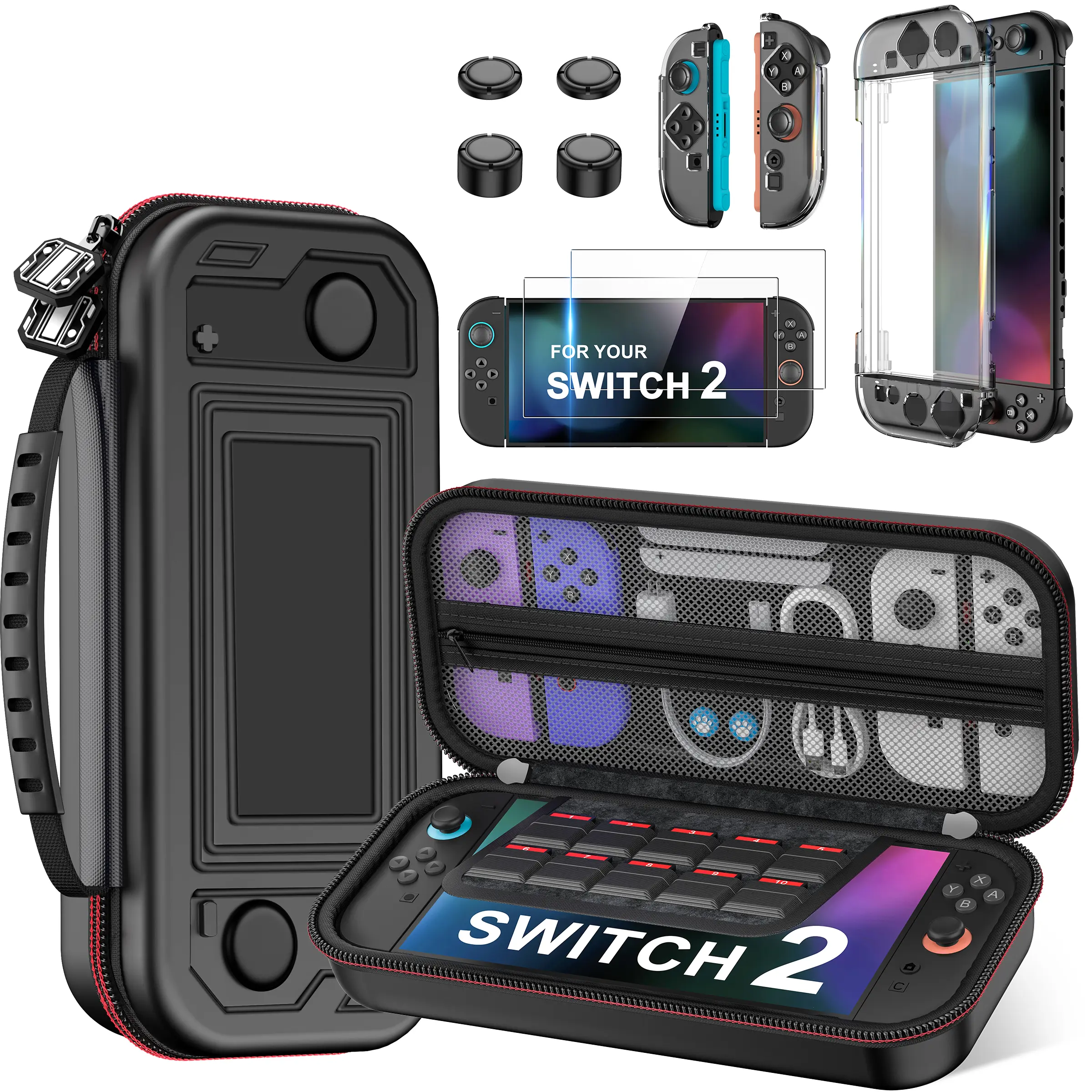 BEBONCOOL for Nintendo Switch 2 (2025)/Switch/OLED Case , 4-in-1 Bundle Kits for Switch 2, Switch 2 Carrying Case with 3X Transparent Protective Cover+2X Screen Protectors+4X Thumb Caps, Accessories Set