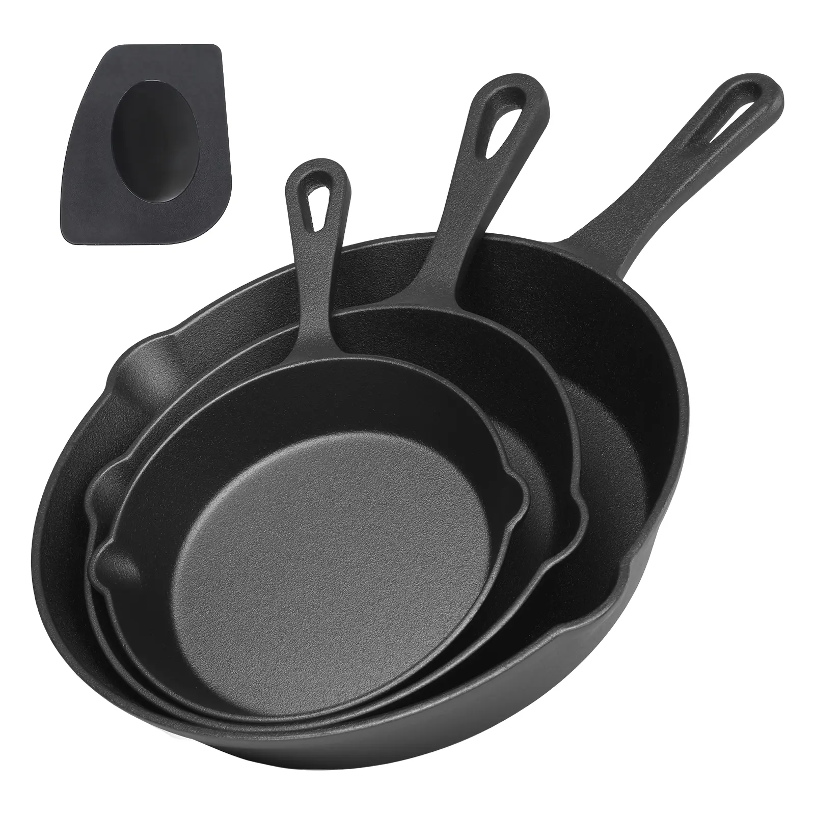 LOVEWE 3-Piece Pre-Seasoned Cast Iron Cookware Set with Spatula - Nonstick Pan, Ergonomic Handles, Easy-to-Clean, Oil-Ready, Compatible with Oven, Induction Cooktops, Gas Stoves