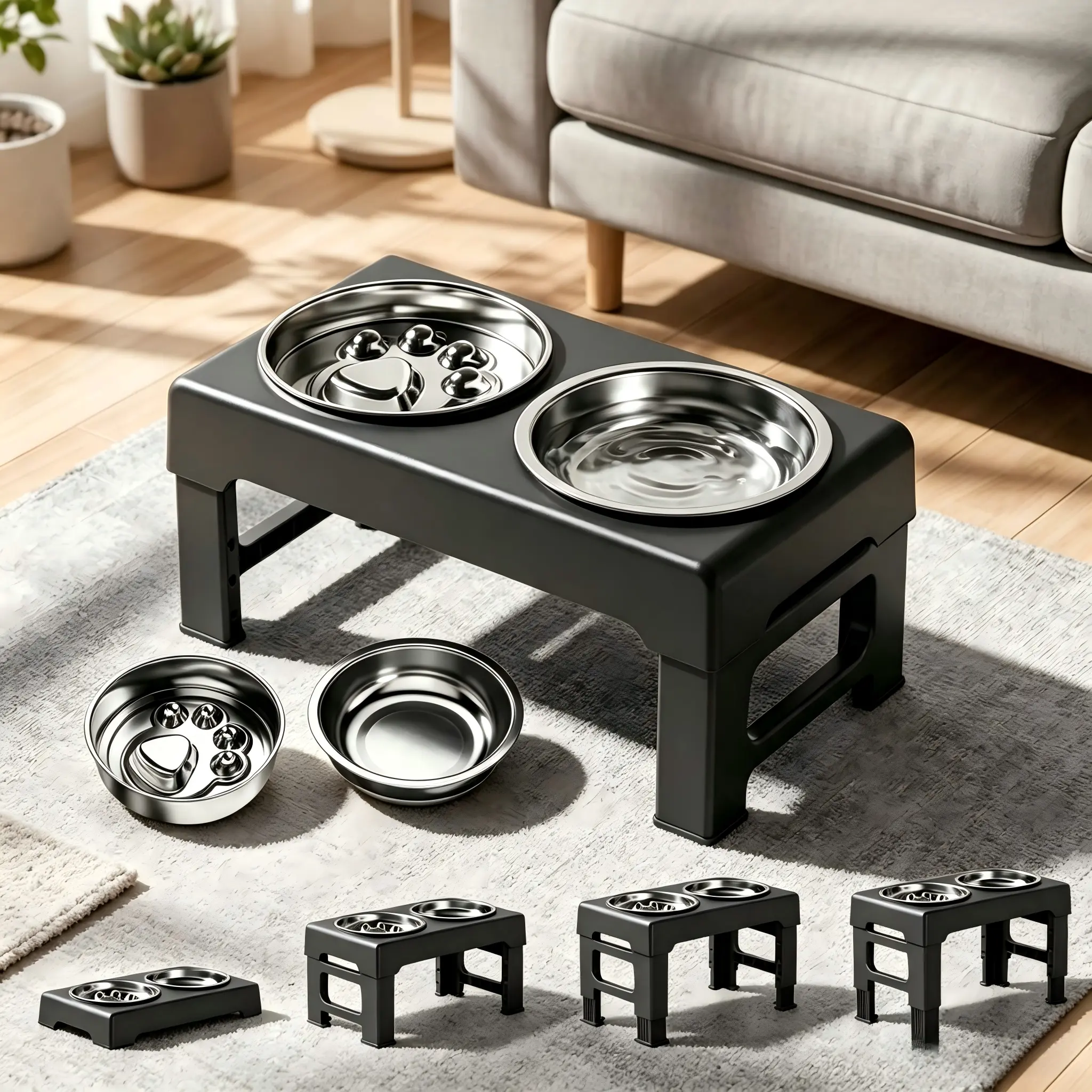 PETITRINU Elevated Adjustable Raised Dog Bowls - Stainless Steel Slow Feeder, 21-27cm Height-Adjustable Stand, 17.1" Wide Anti-Slip No-Spill Pet Feeder for Large Dogs, Supports Neck Health & Healthy Digestion
