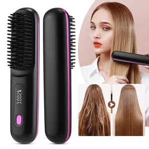 Cordless Hair Straightener Brush 2000mah, USB Rechargeable, Wireless, Anti-Scald Design, Portable, LED Display, 3 Temperature Settings, Thermal Brush