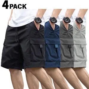 Menswear 4-Pack Loose-Fitting Athletic Cargo Shorts, Stylish Sports Clothes, American-Style Drawstring Elastic Waistband, Quick-Dry Fabric, Flap & Large Pockets, Loose Straight Cut for Various Body Types, Summer Outdoor Casual, Multiple Colors Available