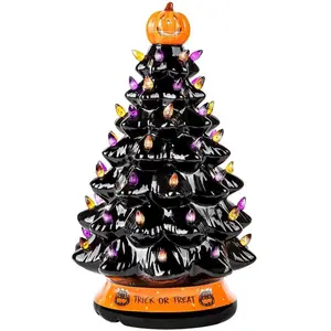 Halloween Ceramic Christmas Tree Home Decoration with Orange Pumpkin Head, Over 50 Multicolor LED Light Up Bulbs, Black 15 Inch / 9 Inch - Trick Or Treat Ornaments