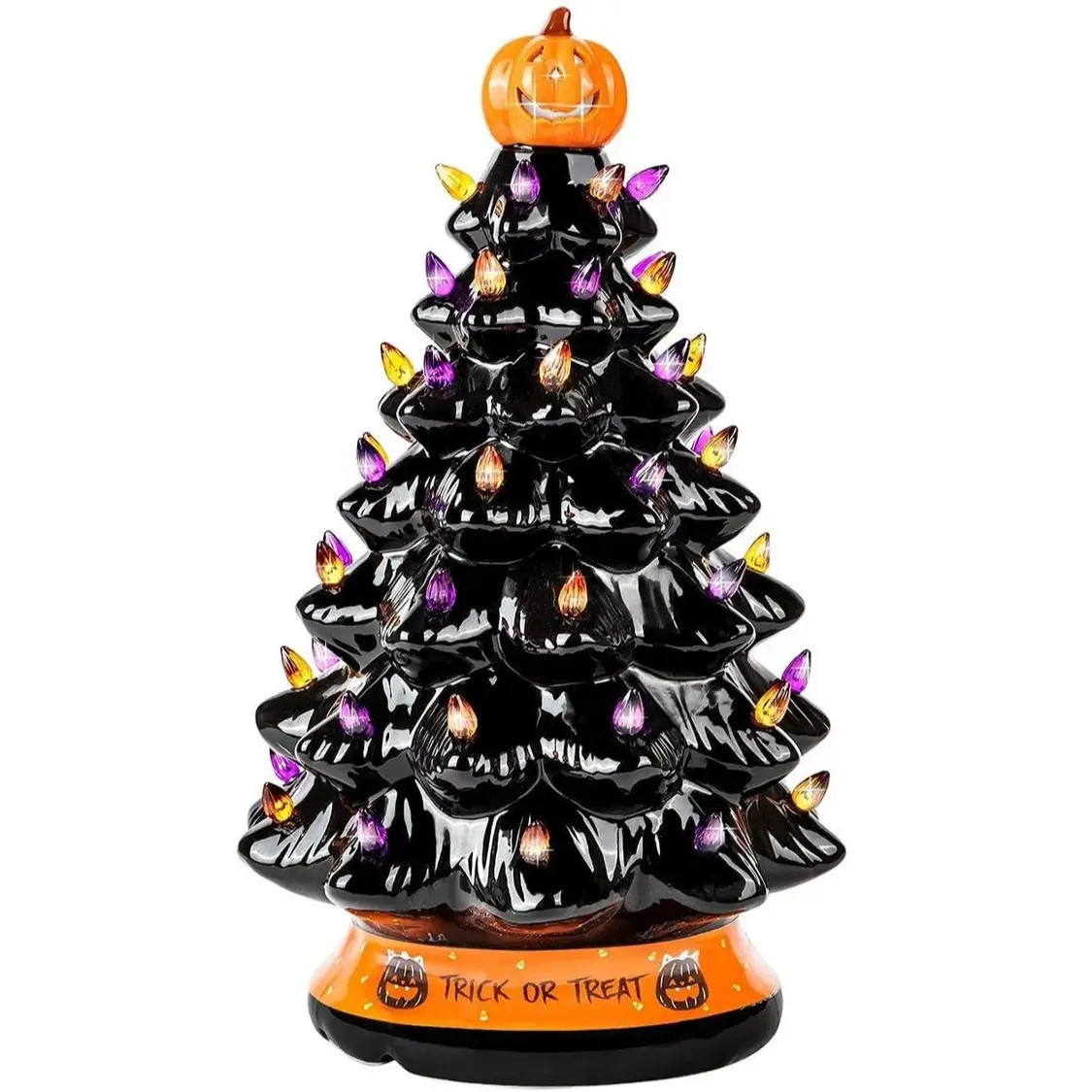Halloween Ceramic Christmas Tree Home Decoration with Orange Pumpkin Head, Over 50 Multicolor LED Light Up Bulbs, Black 15 Inch / 9 Inch - Trick Or Tr