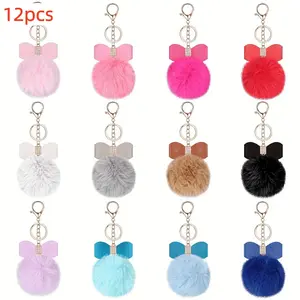 12pcs Bulk Fluffy Faux Pompoms with Bow & Rhinestone Keychains - Pastel Colors (12 Shades) - Soft Fluffy Keyrings for DIY Crafts, Hair, Charms, Decorations - Bulk Pack for Women &