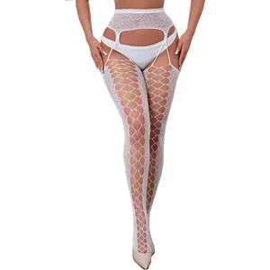 Womens Fishnet Stocking High Waist Mesh Tights Suspender Valentine's Thigh High Stockings Plus Size Fishnet White