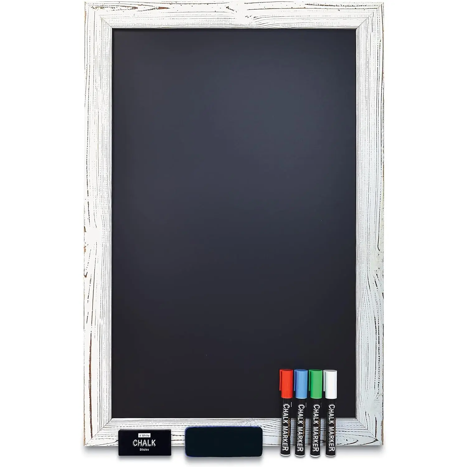 Wall Chalkboard, X Large Size 20" x 30", Rustic  Frame, Chalkboard Sign, Vertical/Horizontal Wall Mount, Includes 4 Chalk Markers + Chalk and Eraser,(Whitewash)