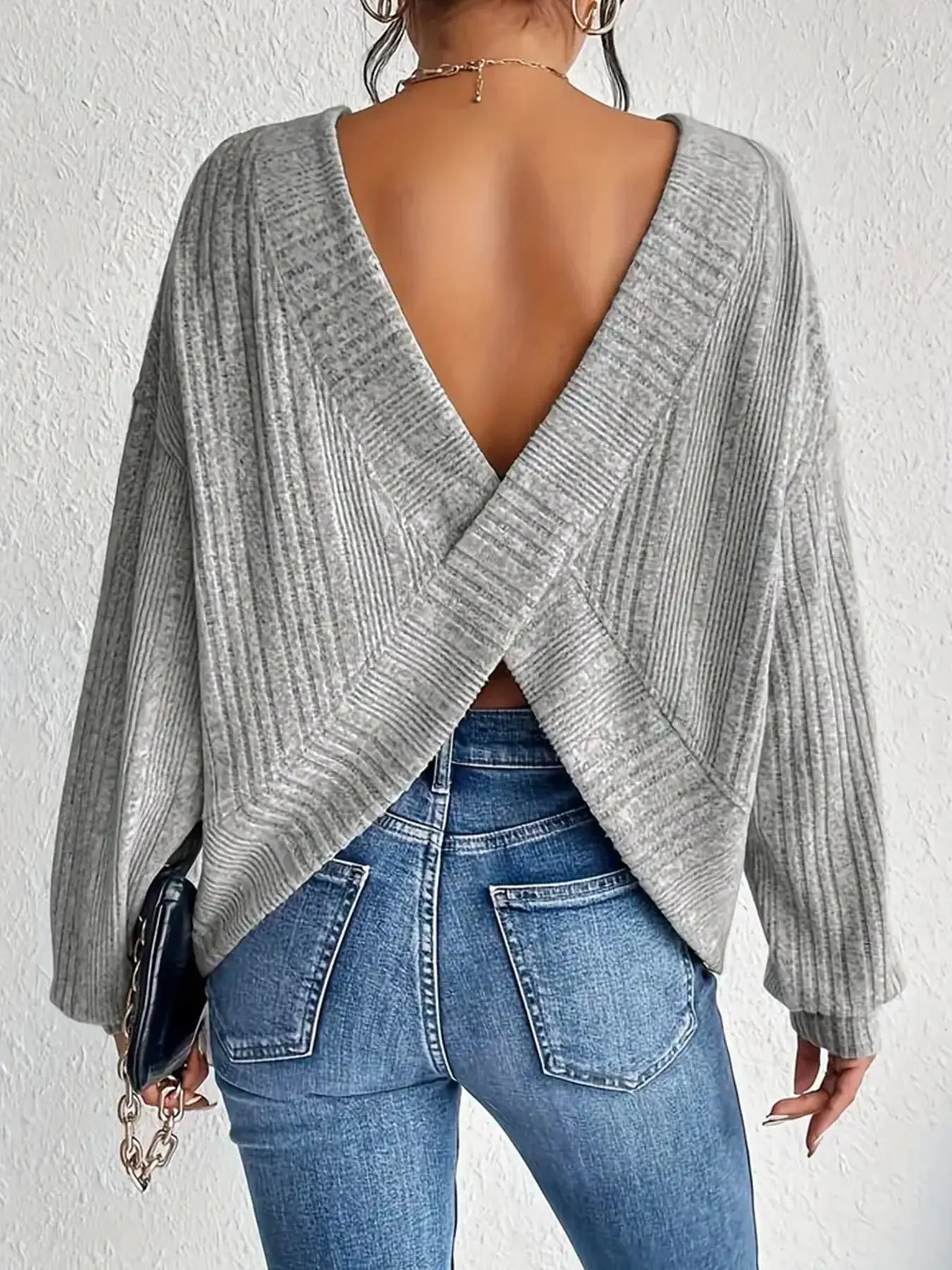 Women's Plain Criss Cross Bishop Sleeve Sweater, Casual Long Sleeve Round Neck Jumper for Spring & Fall, Women's Knitwear for Daily Wear