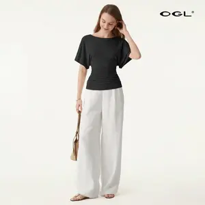 OGL 2pcs set Boatneck Batwing Side Ruched Top & Breezy Linen Mid Rise Wide Leg Pant with Pockets matching sets women summerwins