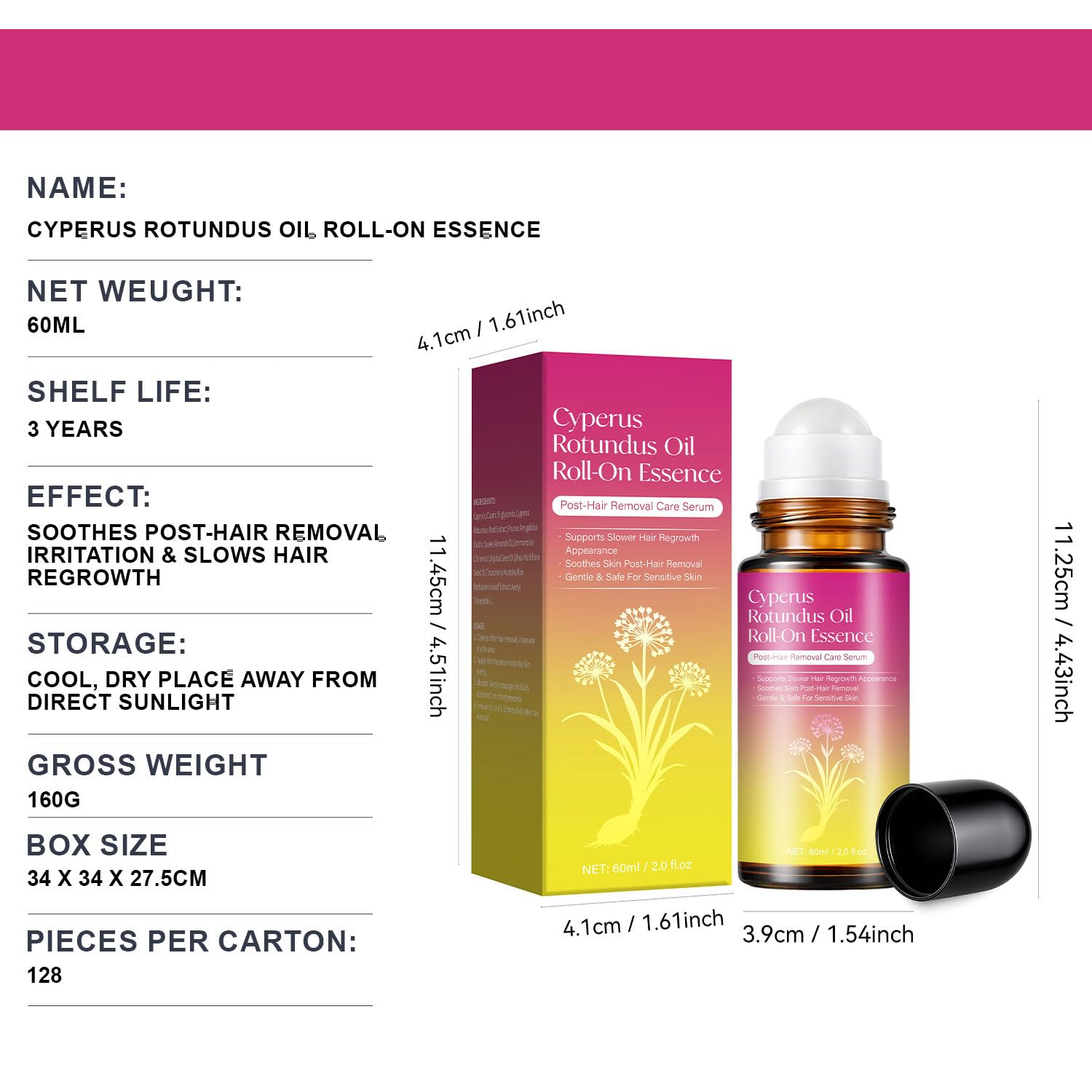 Cyperus Rotundus Oil for Natural Hair Reduction Body Roll-On Serum Reduces Unwanted Hair Growth- 60ml/2oz
