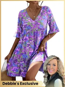 Debbie's Exclusive Summer New Women's Dress, Womenswear, Vacation Style Casual Floral Print Bohemian V-Neck Short Sleeve, Knee Length Loose-Fitting Knit Dress