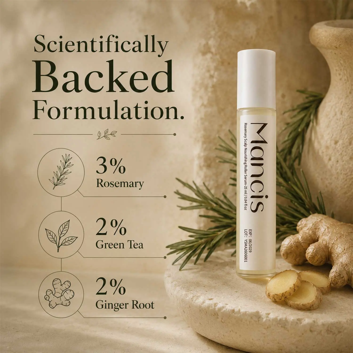 Mancis Ice-Cooling Alloy Rollerball Hair Growth Serum (25ml) - Herbal Hair Growth Products, Mess-Free Application, Root Strength Boost, Rosemary Mix with Ginger & Aloe Vera, Scalp Massager, Density Therapy for Men & Women, Apply Mess Free