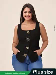 Fashion Casual Sleeveless Blazer Vest with Square Neckline and Metal Buttons, Business Style Jacket for Men & Women Womenswear Tops Fabric Fits